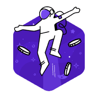 Astronaut in spacesuit jumping for joy, whilst coins bounce around them.